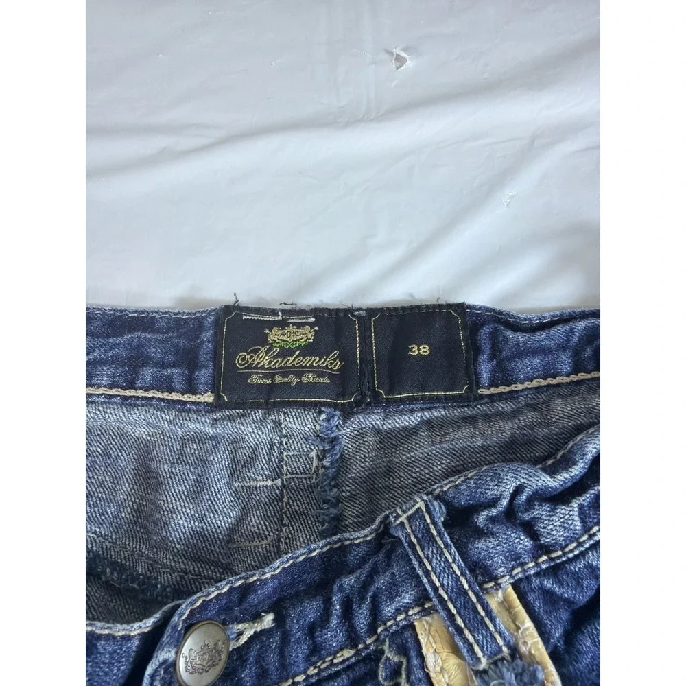 Akademiks Mens Denim Shorts‎ 38 Blue Embroidered Leather Trim Y2K Baggy Hip Hop